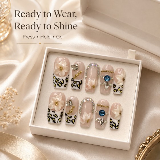 Leopard French 3D White Flower Press‑On Nails, Nude Base Medium‑Long T‑Shape False Nails with Blue Gem & Gold Beads